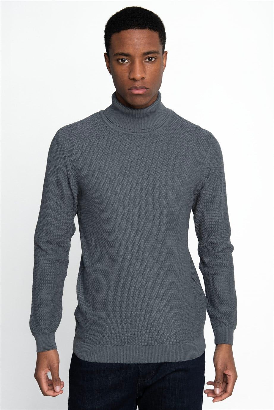 Slim Fit Dar Kesim Balıkçı Yaka Desenli Erkek Kazak