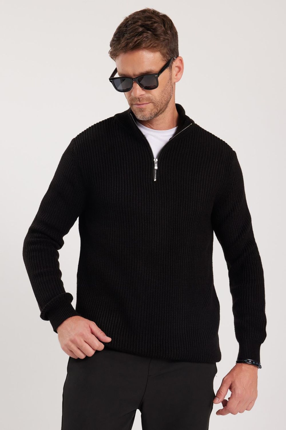 Erkek Slim Fit Dar Kesim Fermuarlı Siyah Dik Yaka Triko Kazak