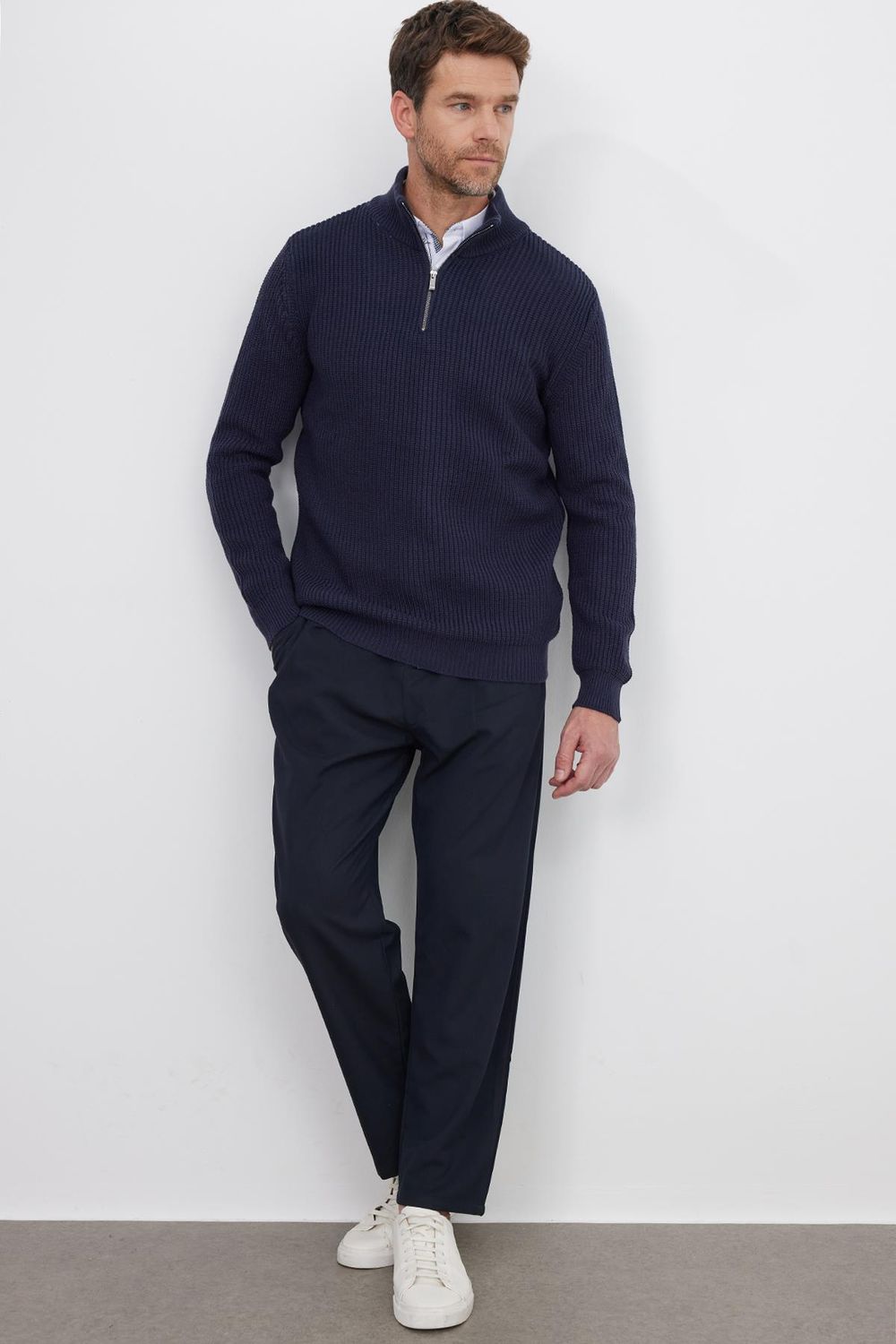 Erkek Slim Fit Dar Kesim Fermuarlı Lacivert Dik Yaka Triko Kazak