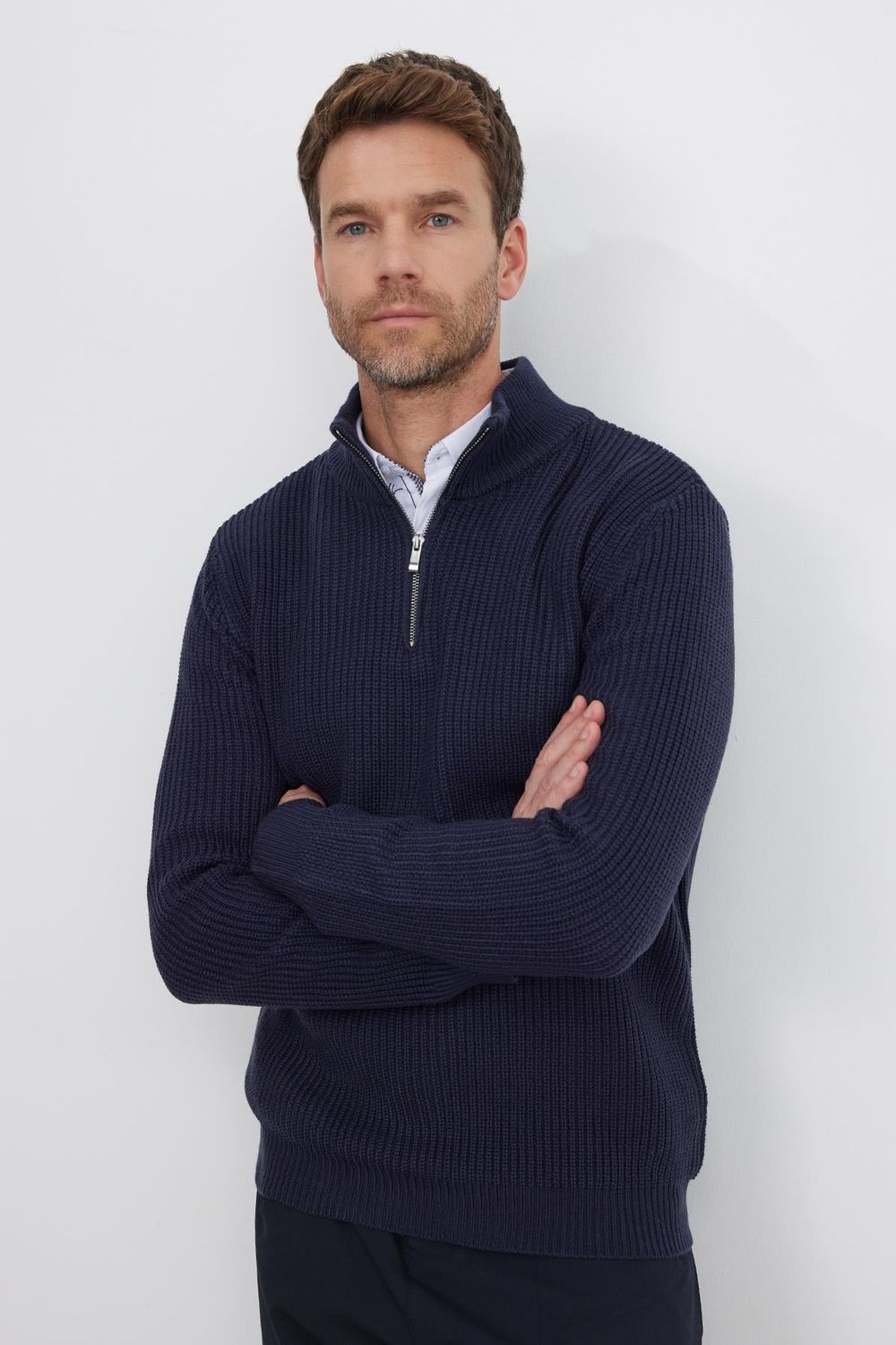 Erkek Slim Fit Dar Kesim Fermuarlı Lacivert Dik Yaka Triko Kazak
