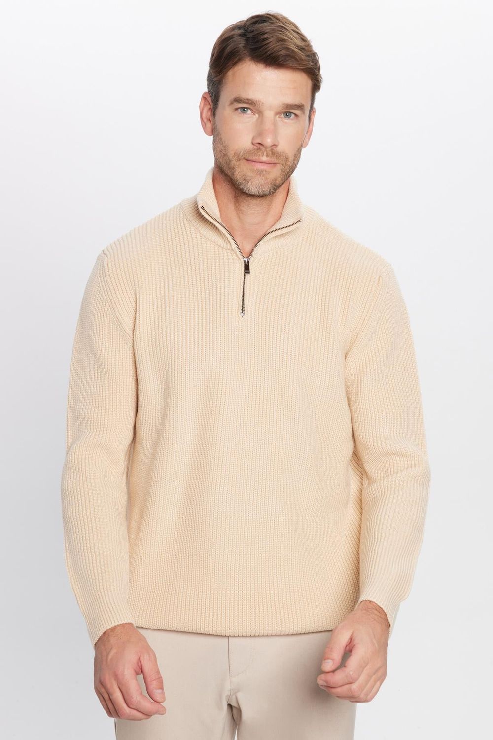 Erkek Slim Fit Dar Kesim Fermuarlı Bej Dik Yaka Triko Kazak