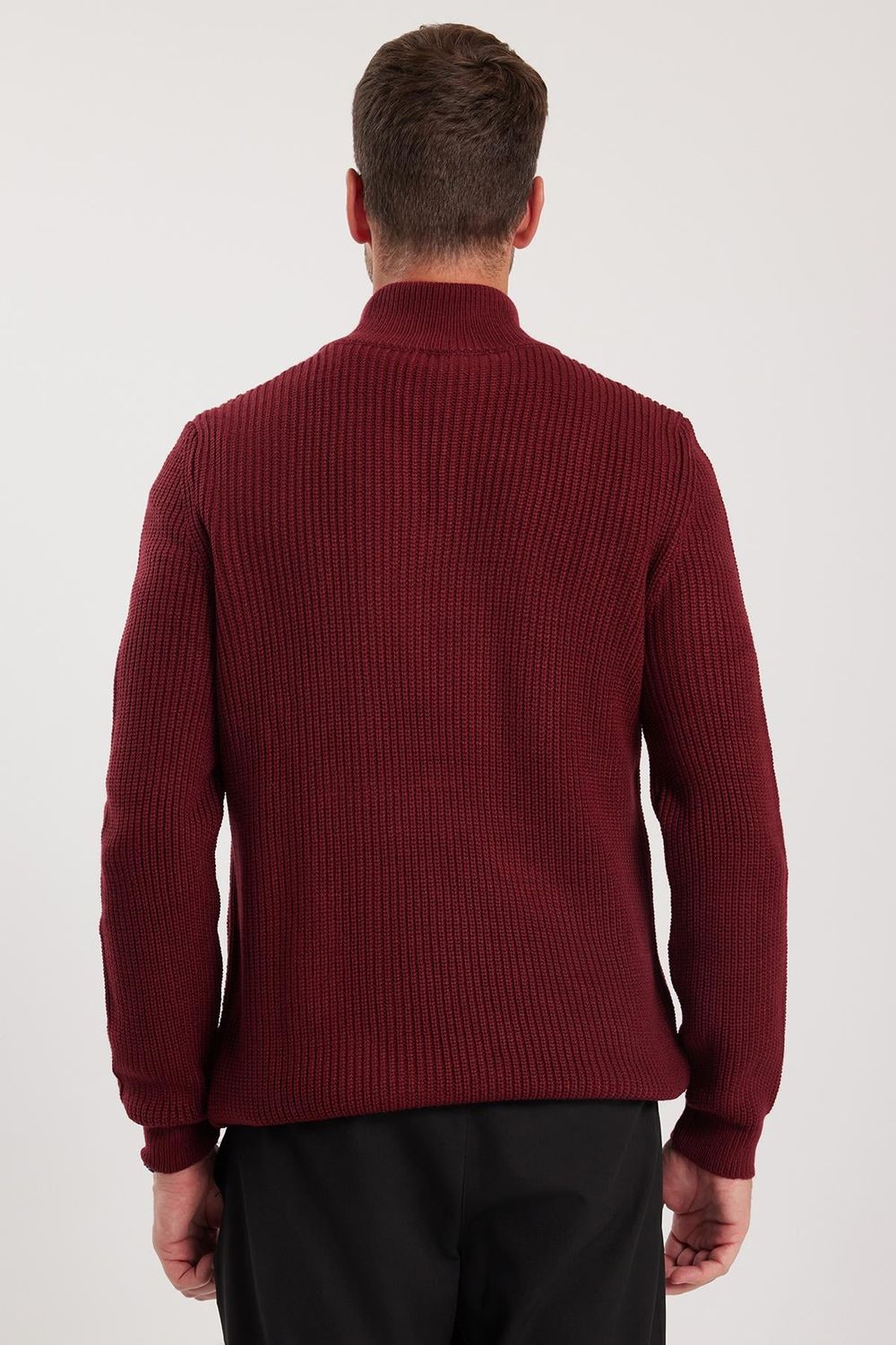 Erkek Slim Fit Dar Kesim Fermuarlı Bordo Dik Yaka Triko Kazak