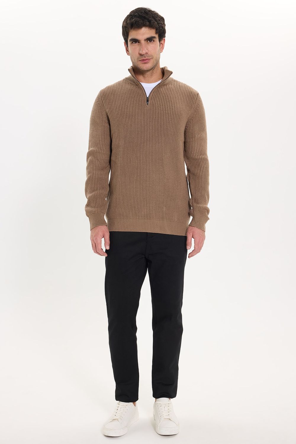 Erkek Slim Fit Dar Kesim Fermuarlı Koyu Vizon Dik Yaka Triko Kazak
