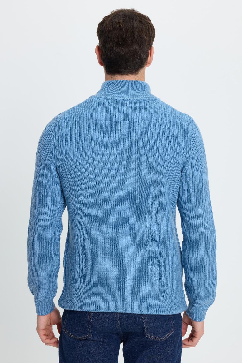 Erkek Slim Fit Dar Kesim Fermuarlı İndigo Dik Yaka Triko Kazak