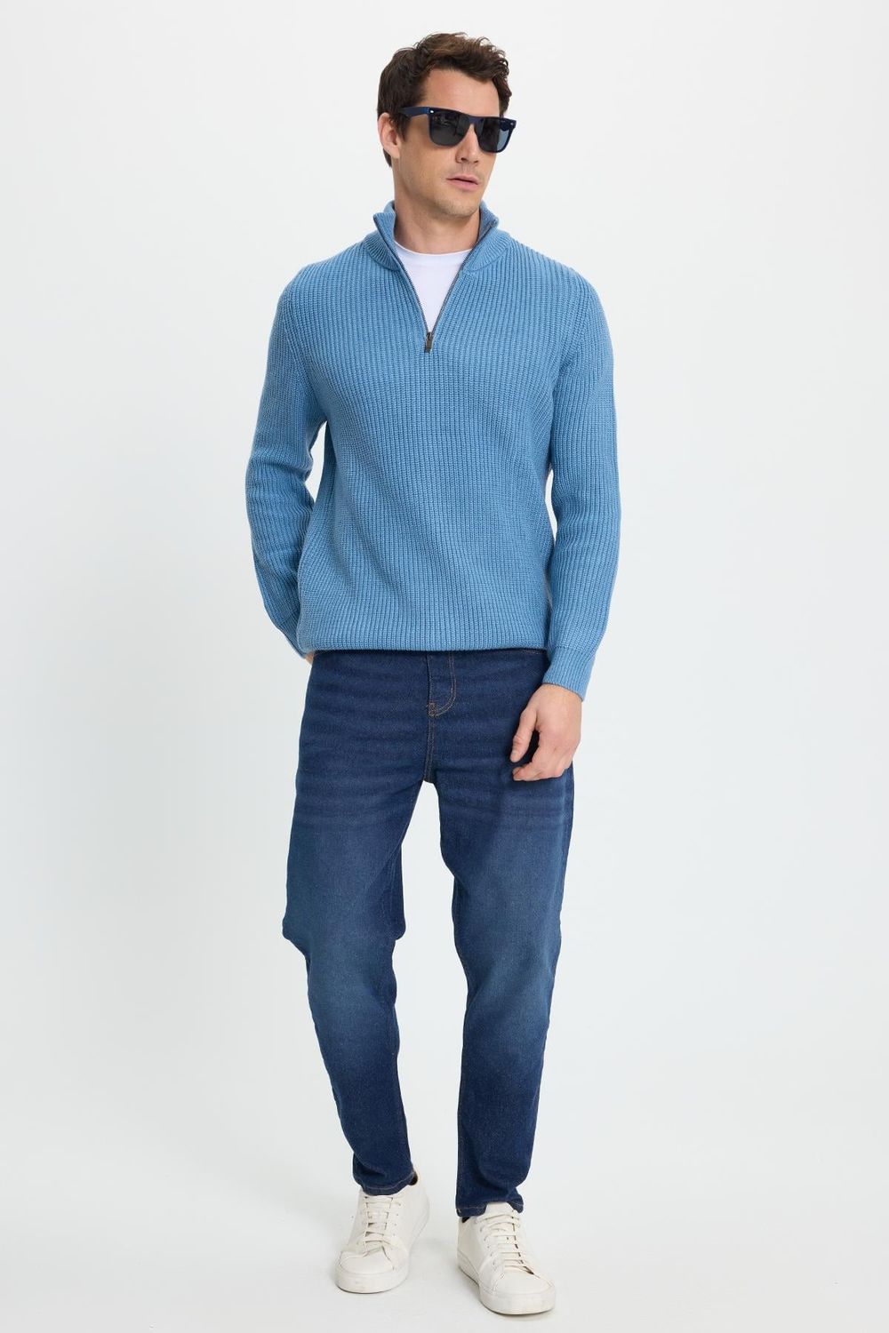 Erkek Slim Fit Dar Kesim Fermuarlı İndigo Dik Yaka Triko Kazak