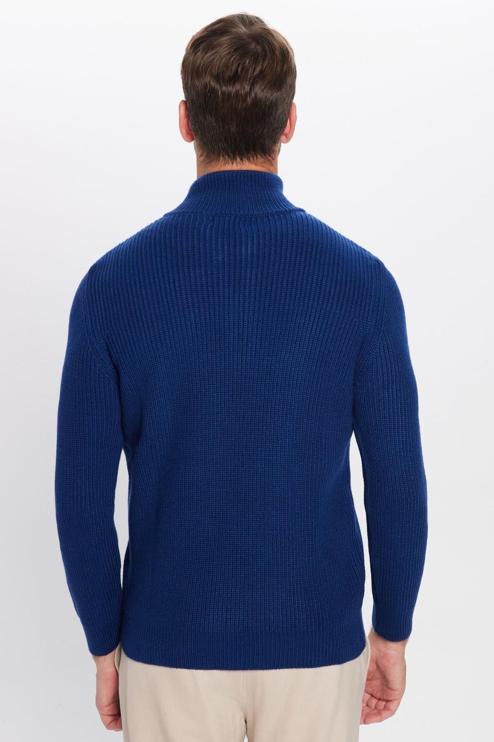 Erkek Slim Fit Dar Kesim Fermuarlı Sax Mavi Dik Yaka Triko Kazak