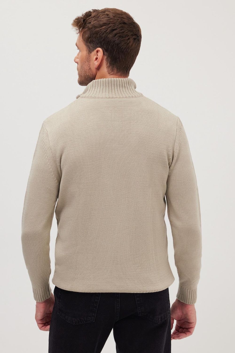 Erkek Slim Fit Dar Kesim Armürlü Fermuarlı Yeşil Dik Yaka Kazak