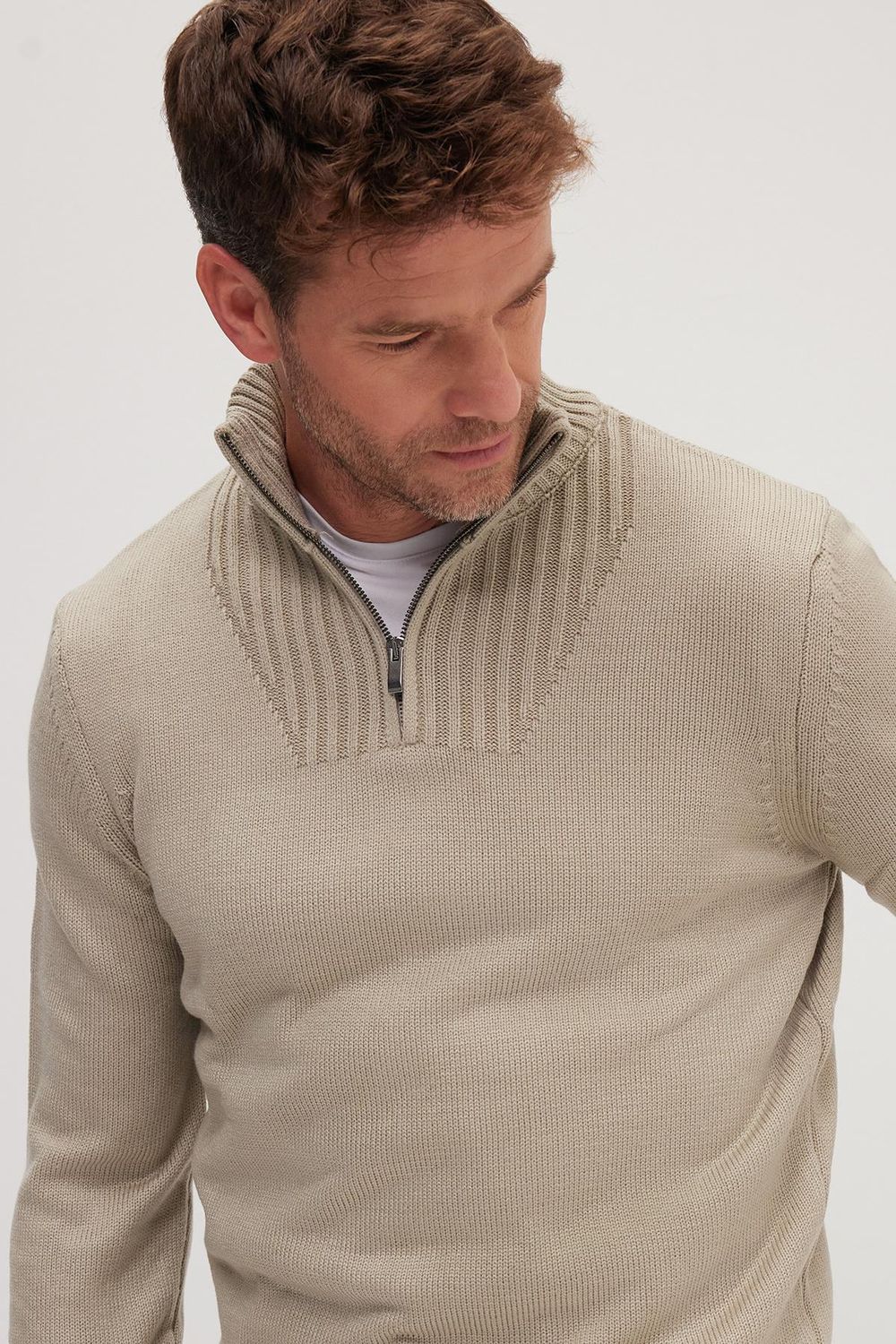 Erkek Slim Fit Dar Kesim Armürlü Fermuarlı Yeşil Dik Yaka Kazak