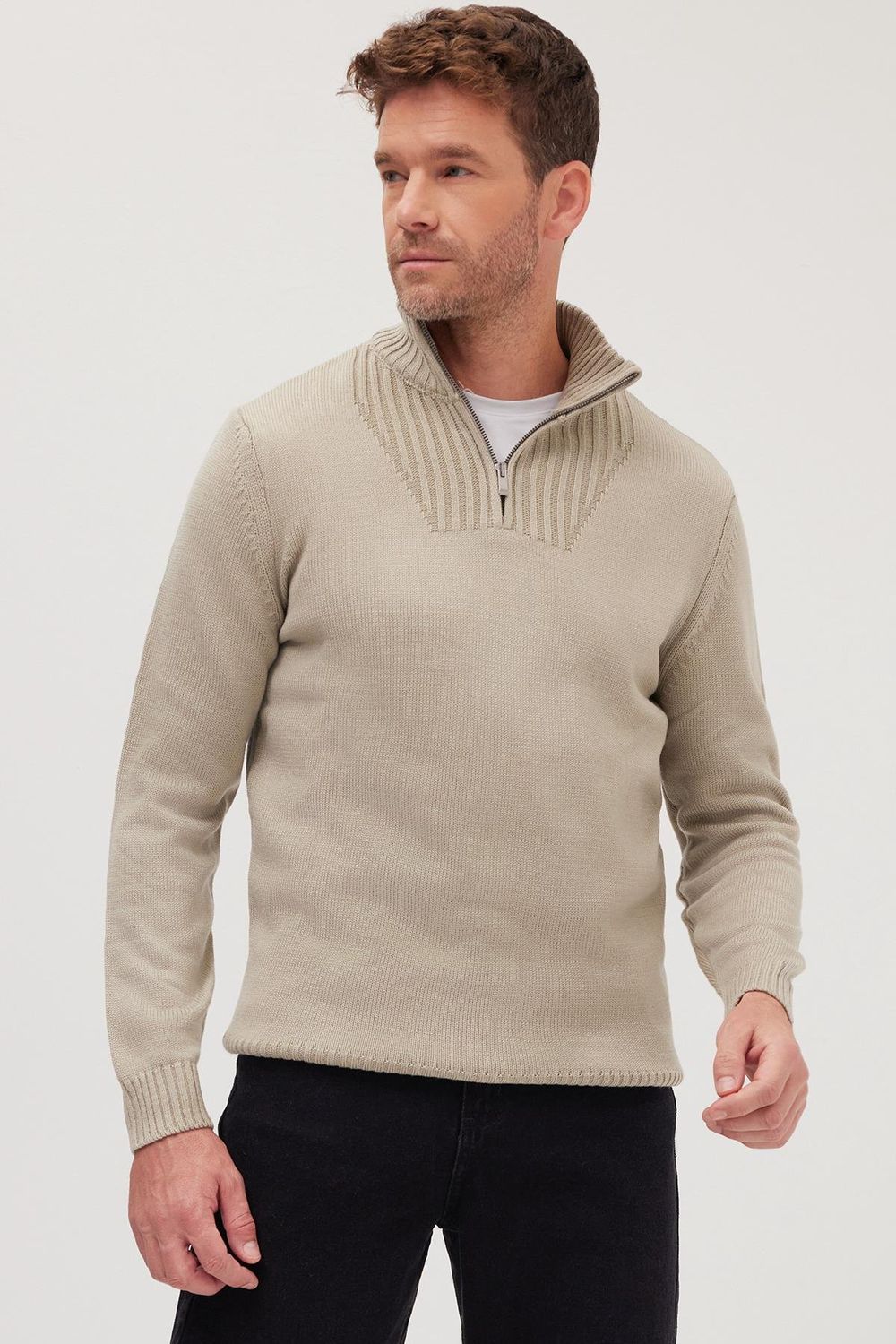 Erkek Slim Fit Dar Kesim Armürlü Fermuarlı Yeşil Dik Yaka Kazak