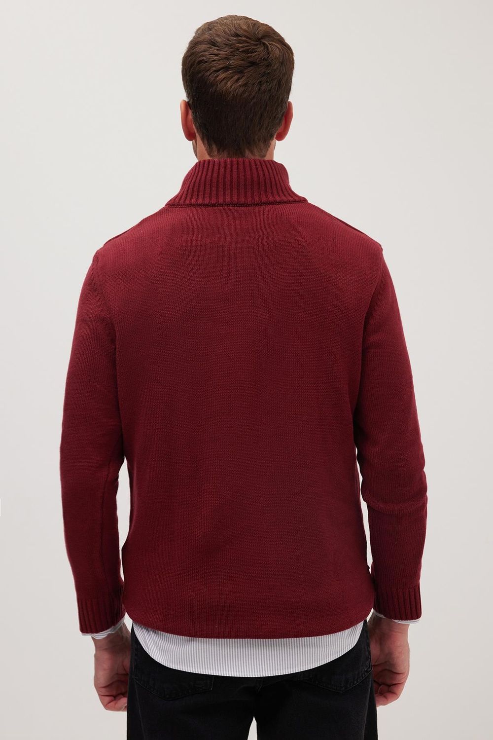 Erkek Slim Fit Dar Kesim Armürlü Fermuarlı Bordo Dik Yaka Kazak
