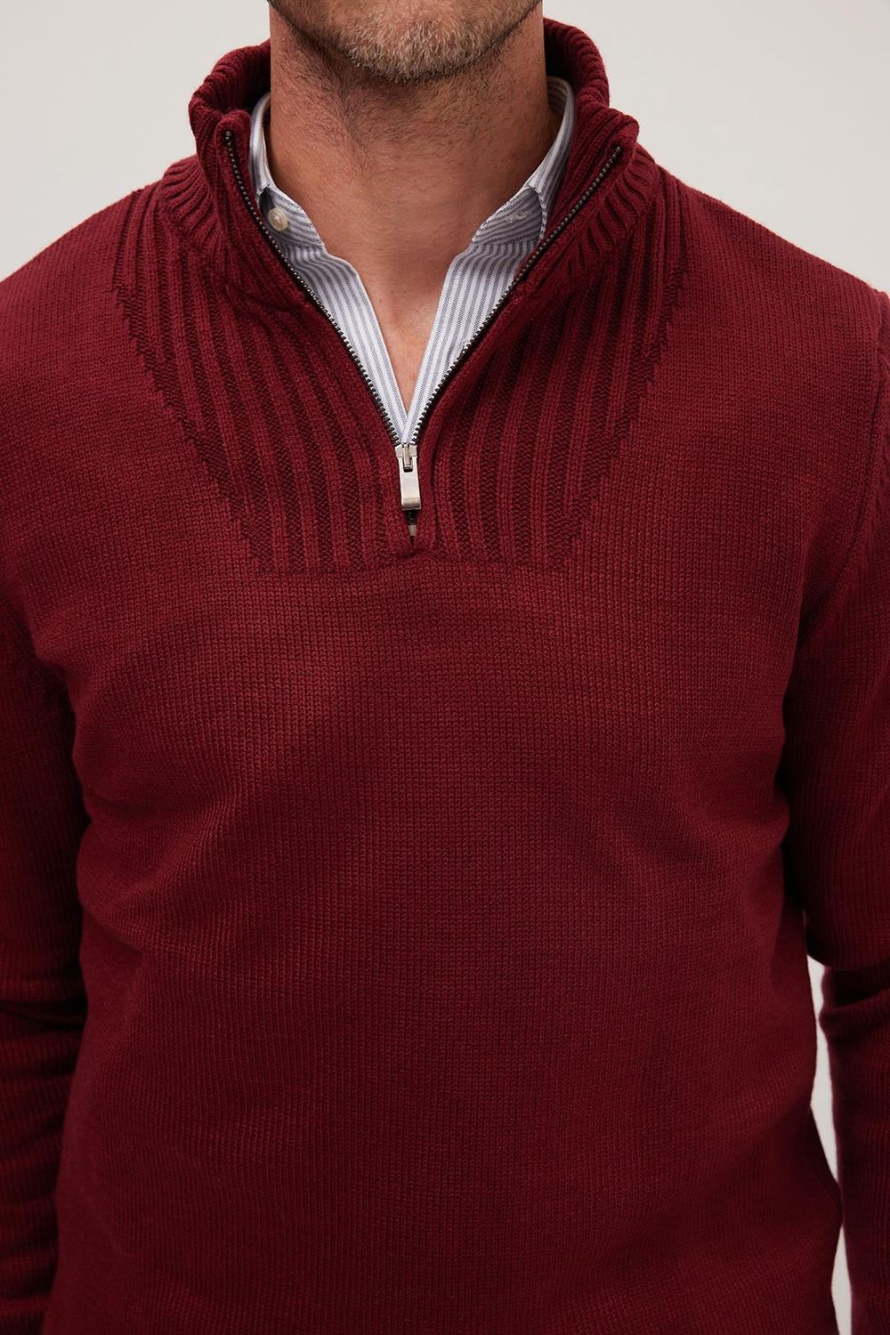 Erkek Slim Fit Dar Kesim Armürlü Fermuarlı Bordo Dik Yaka Kazak