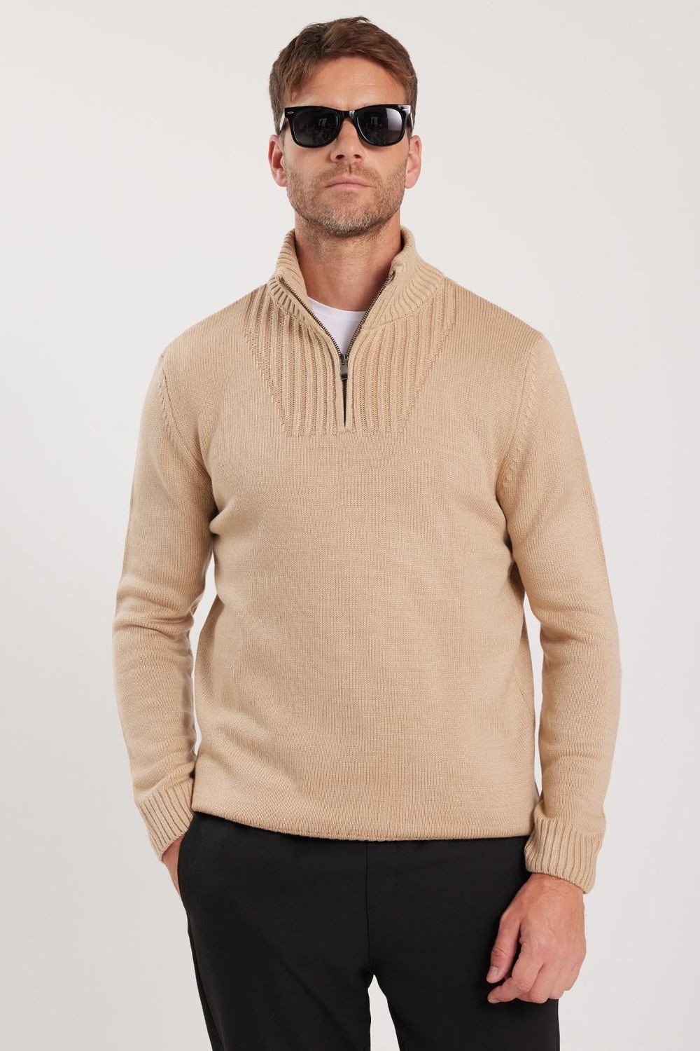 Erkek Slim Fit Dar Kesim Armürlü Fermuarlı Taş Dik Yaka Kazak