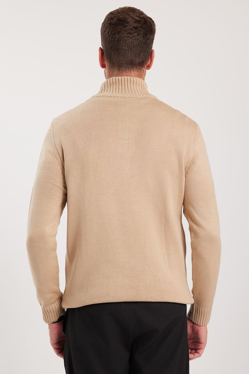 Erkek Slim Fit Dar Kesim Armürlü Fermuarlı Taş Dik Yaka Kazak
