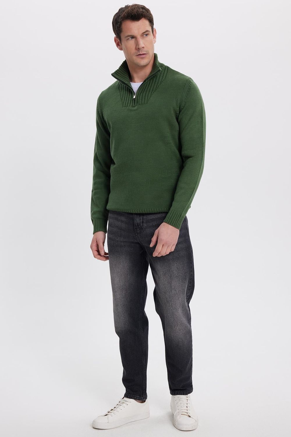 Erkek Slim Fit Dar Kesim Armürlü Fermuarlı Yeşil Dik Yaka Kazak