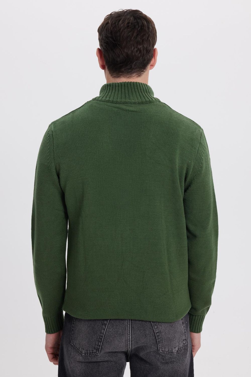 Erkek Slim Fit Dar Kesim Armürlü Fermuarlı Yeşil Dik Yaka Kazak