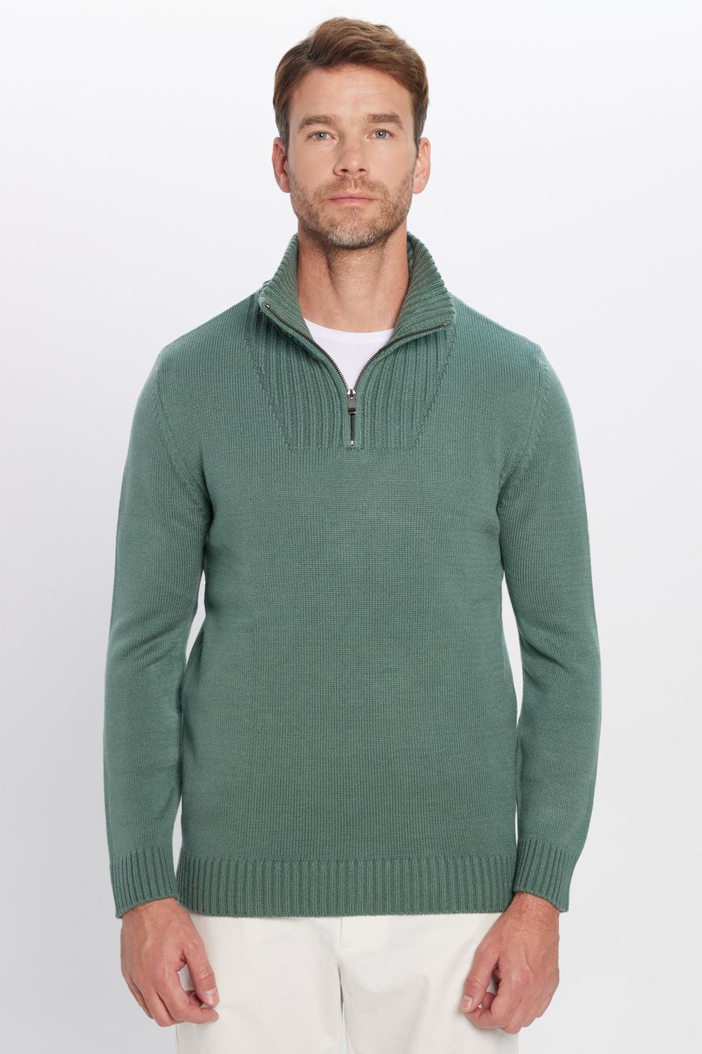 Erkek Slim Fit Dar Kesim Armürlü Fermuarlı Yeşil Dik Yaka Kazak