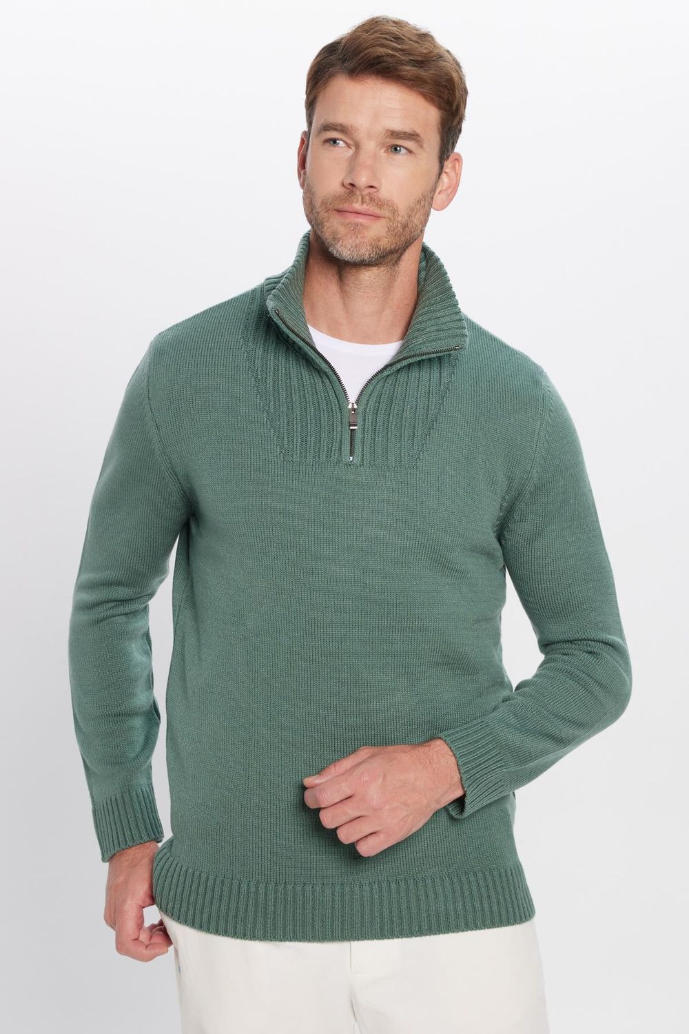 Erkek Slim Fit Dar Kesim Armürlü Fermuarlı Yeşil Dik Yaka Kazak