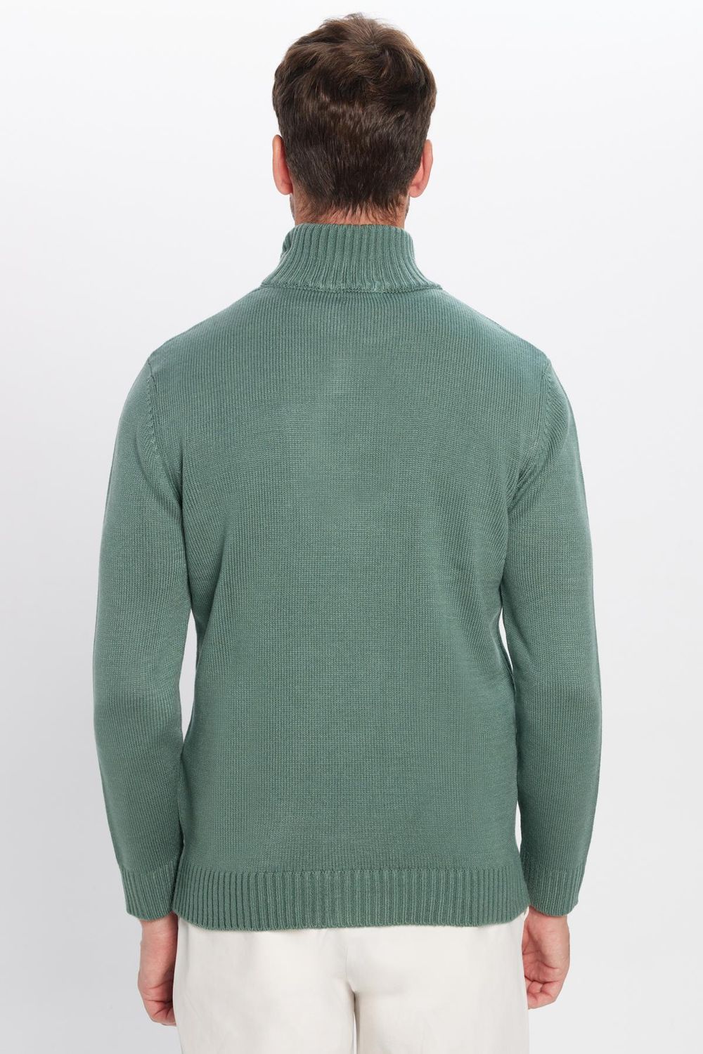 Erkek Slim Fit Dar Kesim Armürlü Fermuarlı Yeşil Dik Yaka Kazak