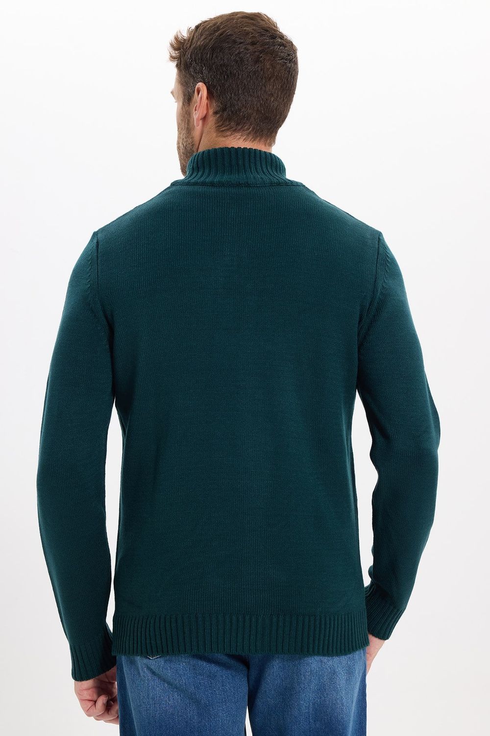 Erkek Slim Fit Dar Kesim Armürlü Fermuarlı Yeşil Dik Yaka Kazak