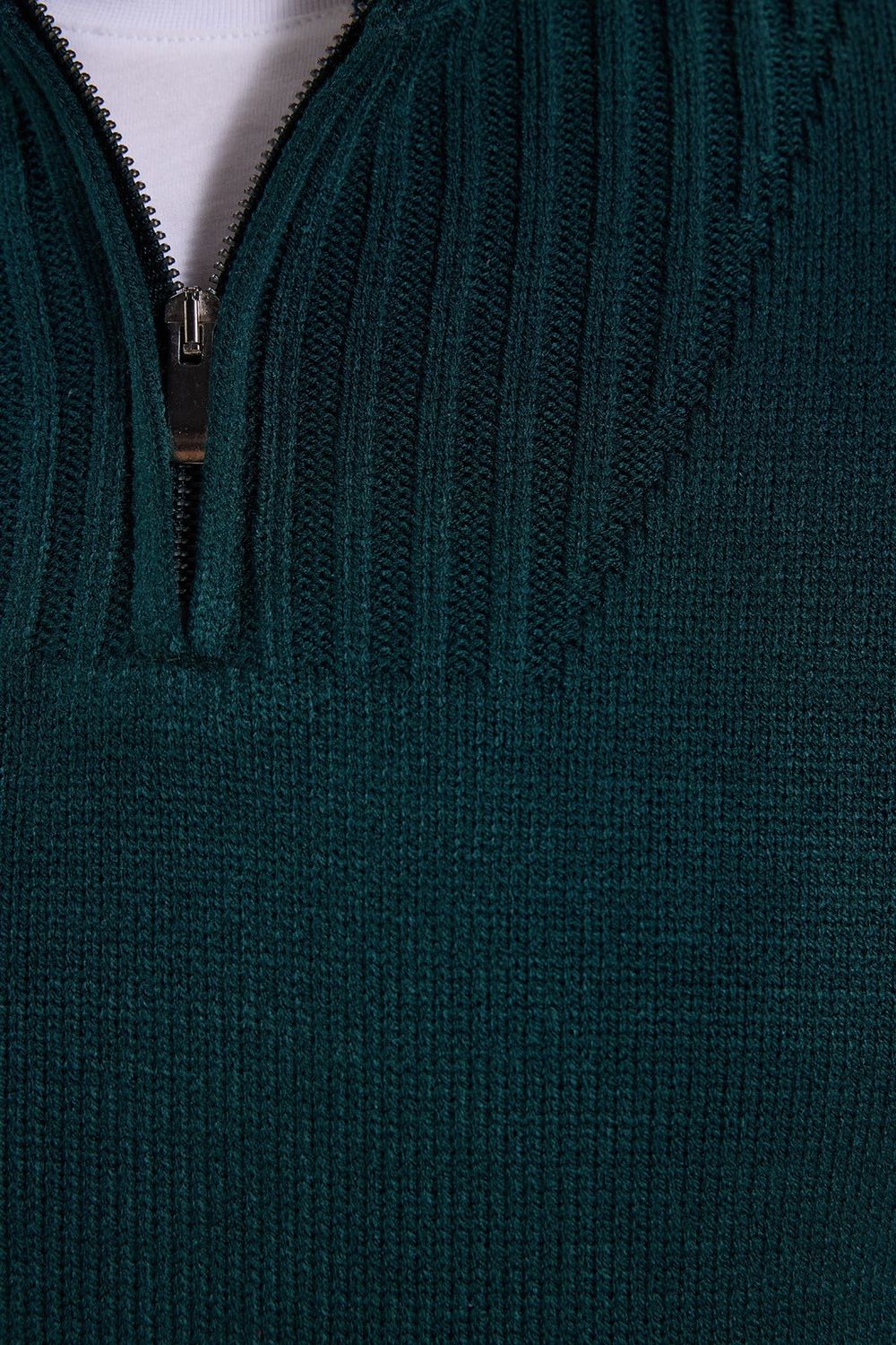 Erkek Slim Fit Dar Kesim Armürlü Fermuarlı Yeşil Dik Yaka Kazak