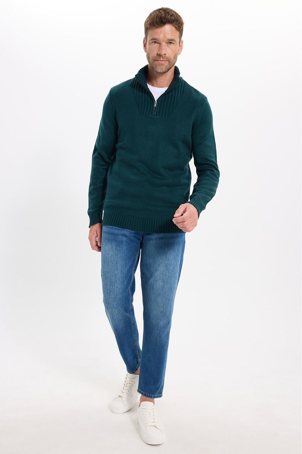 Erkek Slim Fit Dar Kesim Armürlü Fermuarlı Yeşil Dik Yaka Kazak