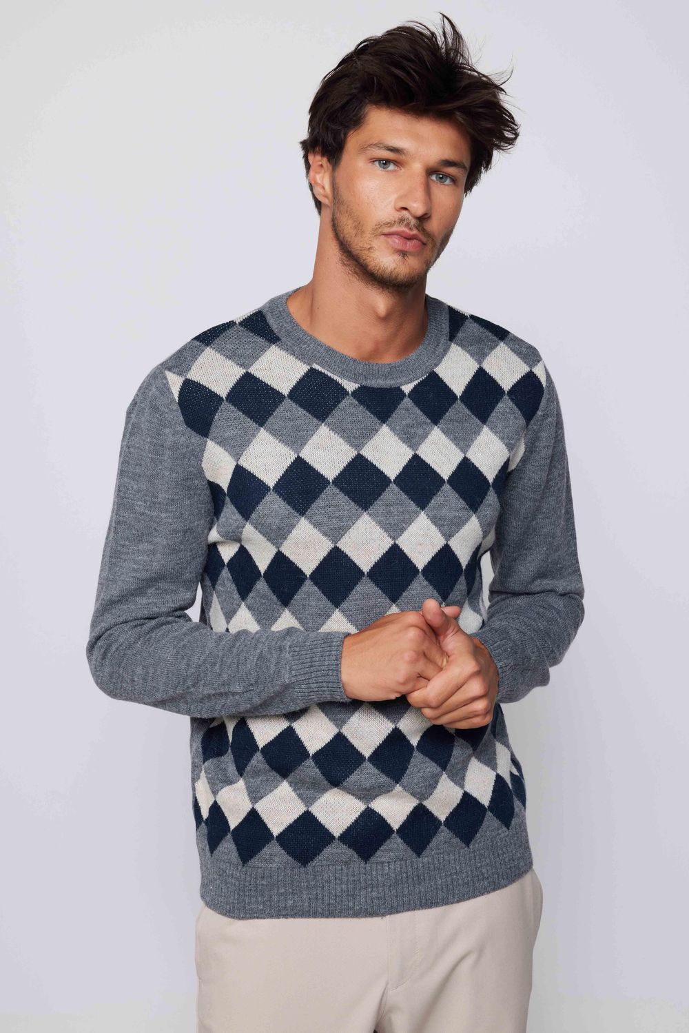 Slim Fit Bisiklet Yaka Baklava Desenli Gri Erkek Kazak