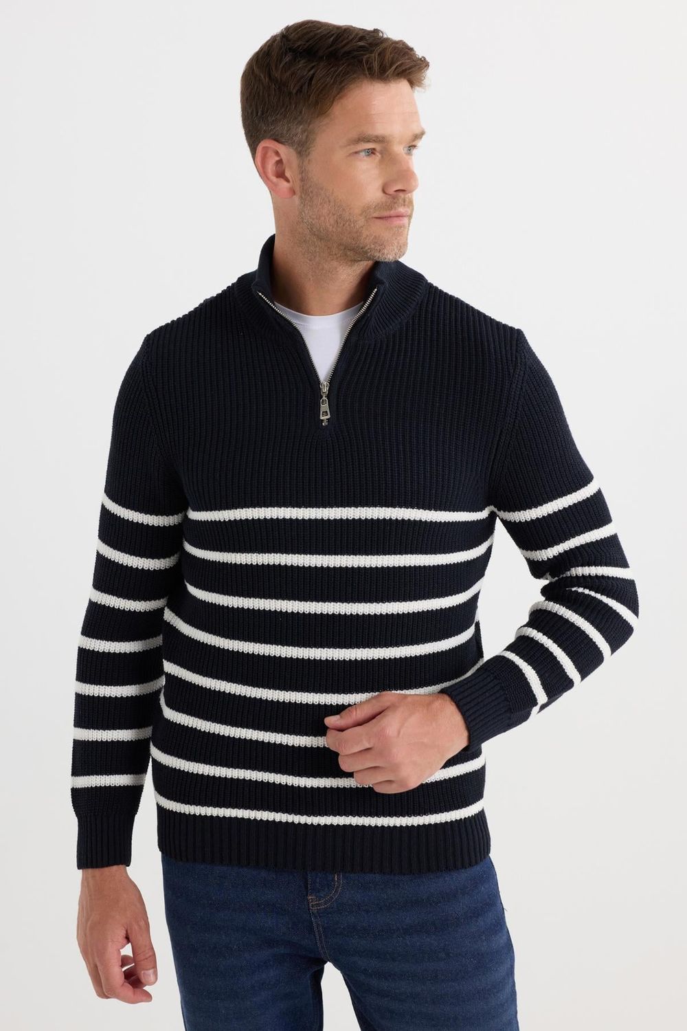 Erkek Slim Fit Fermuarlı Dik Yaka Çizgili Pamuklu Triko Kazak