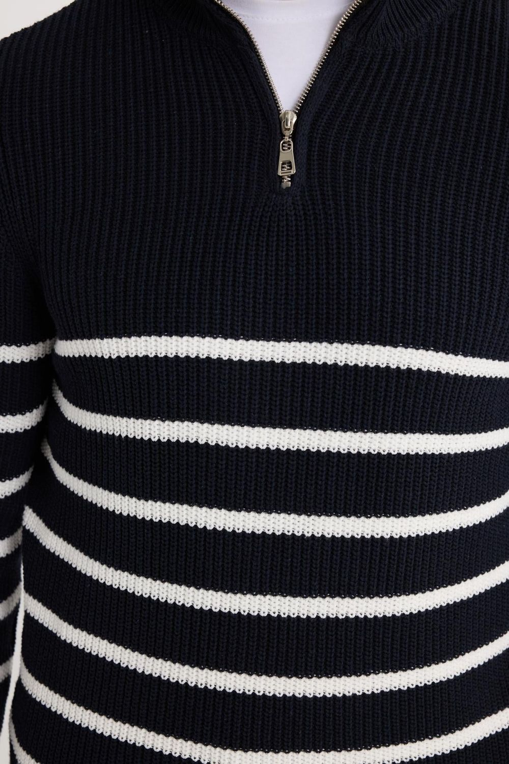 Erkek Slim Fit Fermuarlı Dik Yaka Çizgili Pamuklu Triko Kazak