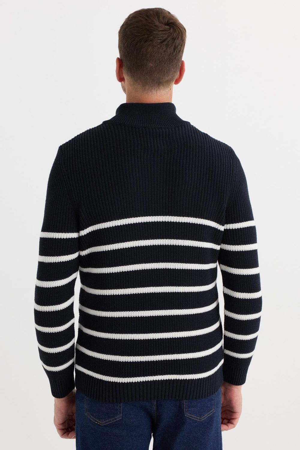 Erkek Slim Fit Fermuarlı Dik Yaka Çizgili Pamuklu Triko Kazak
