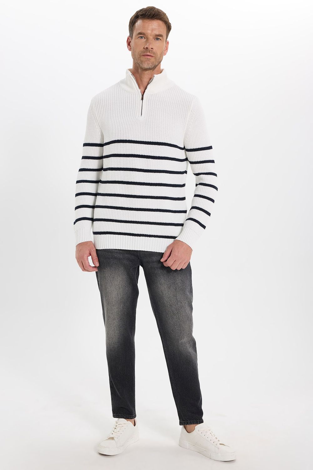 Erkek Slim Fit Fermuarlı Dik Yaka Çizgili Pamuklu Triko Kazak