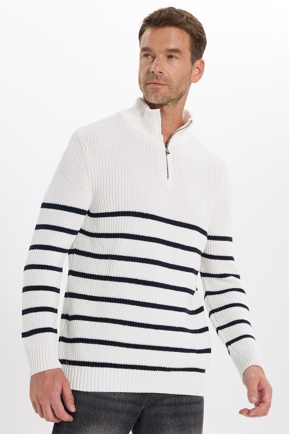 Erkek Slim Fit Fermuarlı Dik Yaka Çizgili Pamuklu Triko Kazak