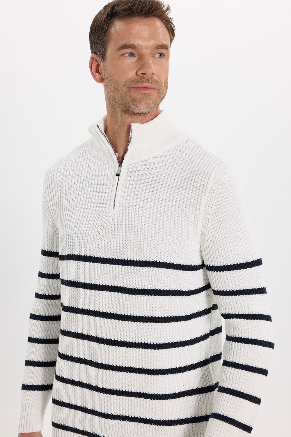 Erkek Slim Fit Fermuarlı Dik Yaka Çizgili Pamuklu Triko Kazak