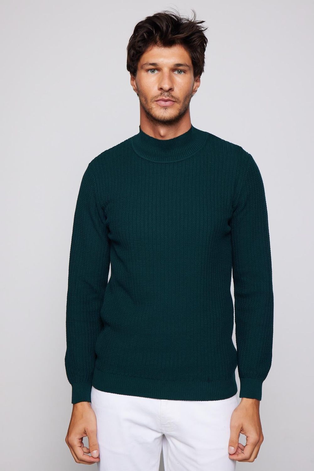 Slim Fit Yarım Balıkçı Yaka Tüylenme Yapmayan Yeşil Erkek Kazak