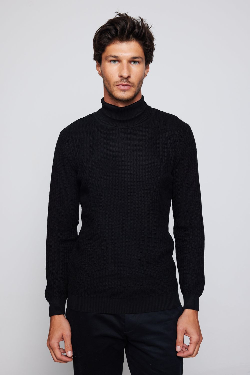 Slim Fit Tam Boğazlı Tüylenme Yapmayan Siyah Erkek Kazak