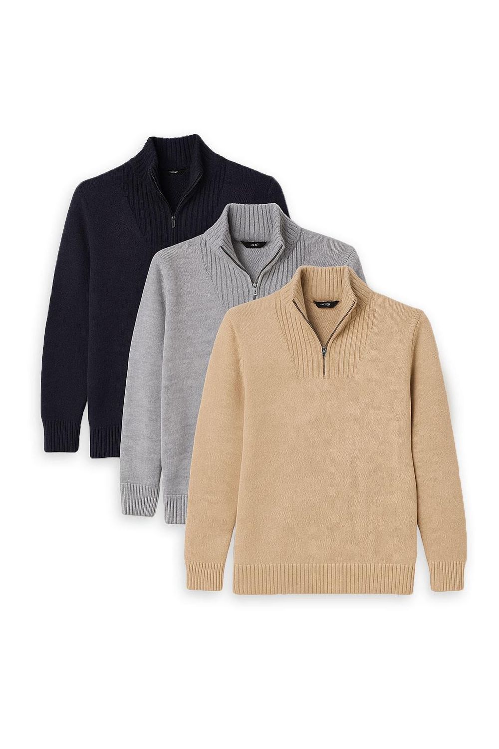 Erkek 3'lü Paket Taş-Açık Gri-Lacivert Slim Fit Dar Kesim Fermuarlı Dik Yaka Triko Kazak