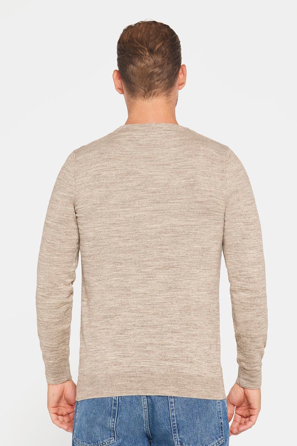 Slim Fit Bisiklet Yaka Kendinden Desenli Bej Erkek Triko Kazak