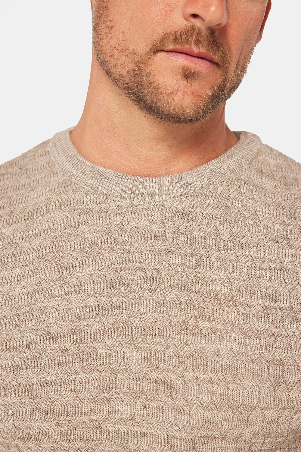 Slim Fit Bisiklet Yaka Kendinden Desenli Bej Erkek Triko Kazak