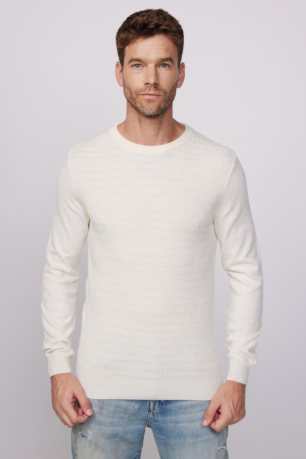 Slim Fit Bisiklet Yaka Kendinden Desenli Ekru Erkek Kazak