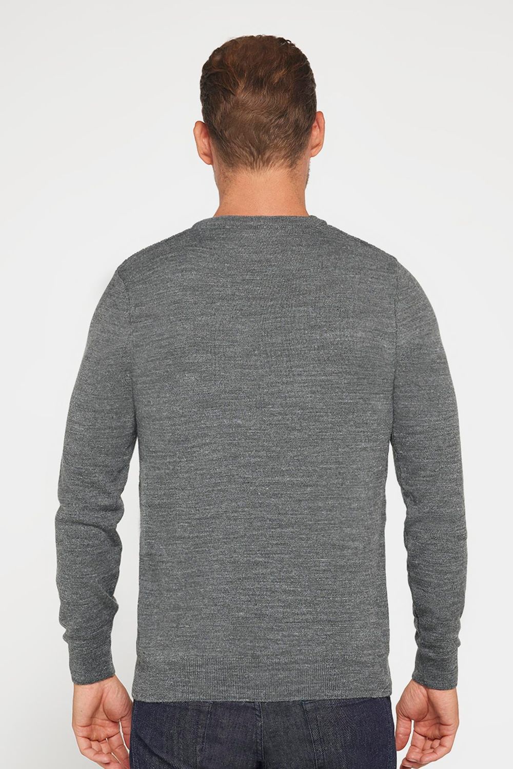 Slim Fit Bisiklet Yaka Kendinden Desenli Gri Erkek Triko Kazak