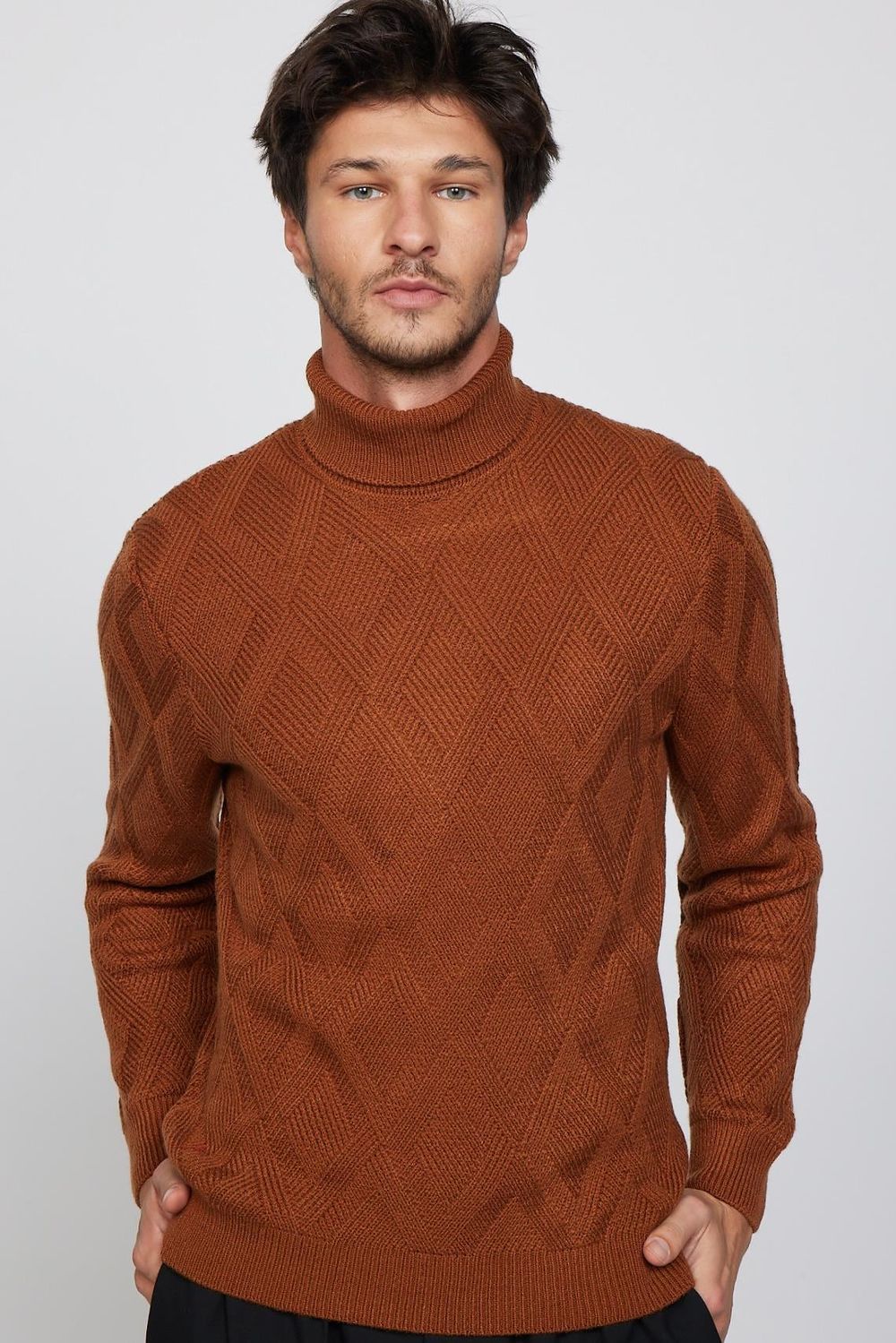 Slim Fit Dar Kesim Tam Balıkçı Yaka Desenli Kahverengi Erkek Triko Triko Kazak