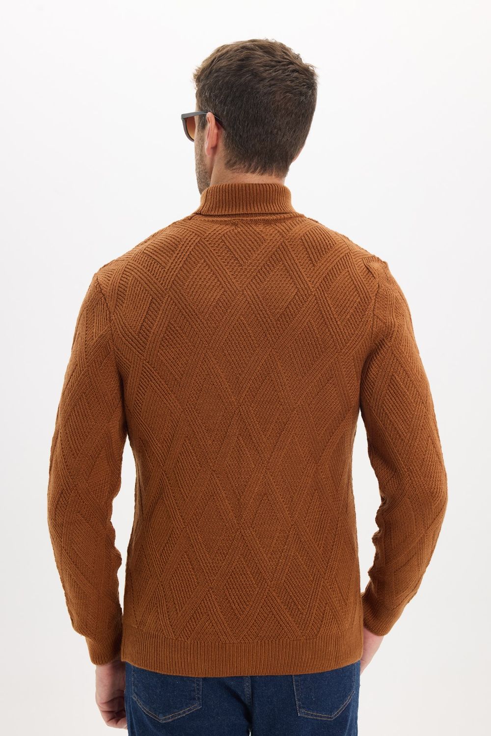 Slim Fit Dar Kesim Tam Balıkçı Yaka Desenli Kahverengi Erkek Triko Kazak