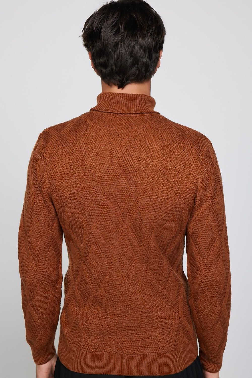 Slim Fit Dar Kesim Tam Balıkçı Yaka Desenli Kahverengi Erkek Triko Triko Kazak