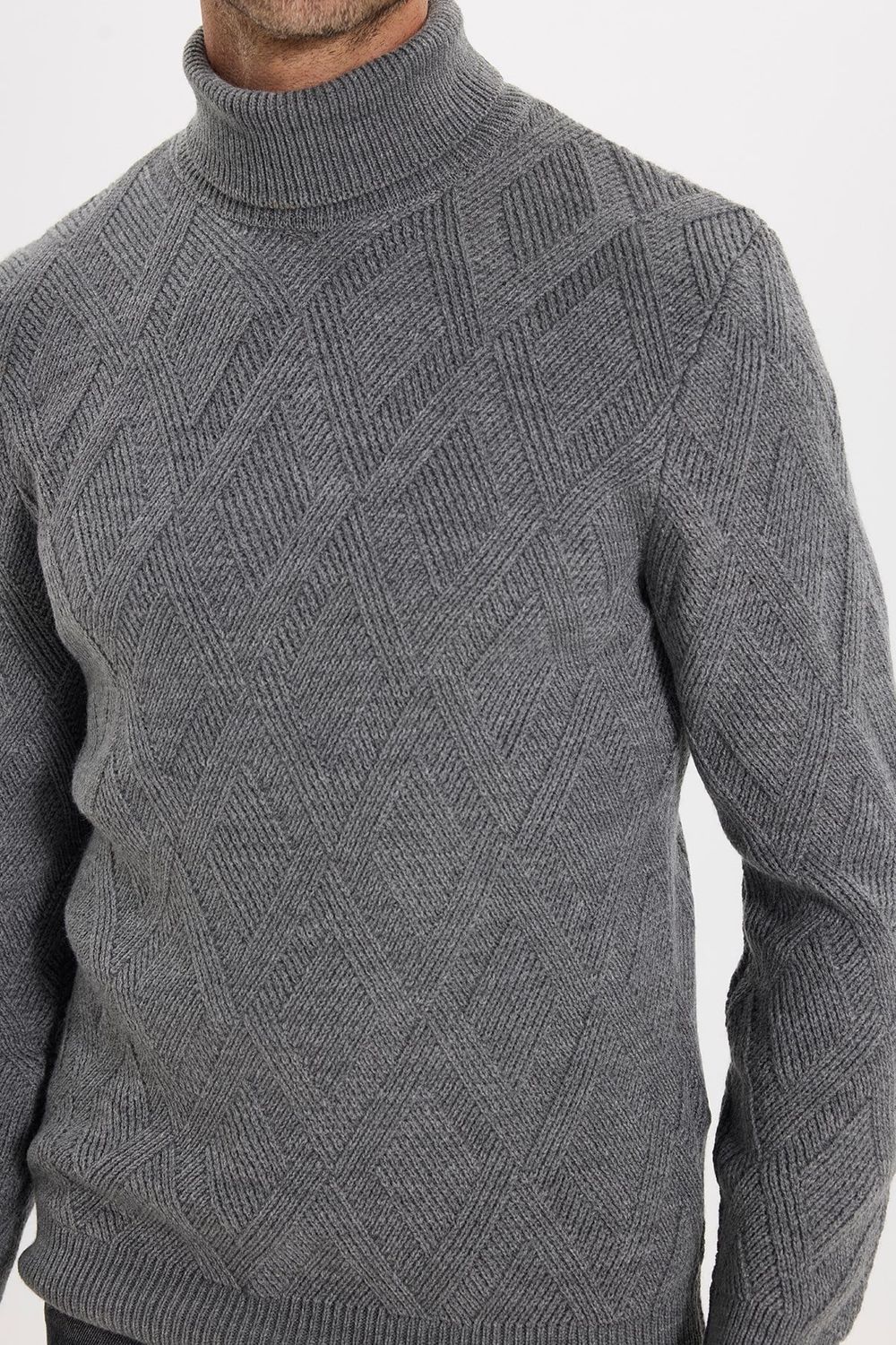 Slim Fit Dar Kesim Tam Balıkçı Yaka Desenli Gri Erkek Triko Kazak
