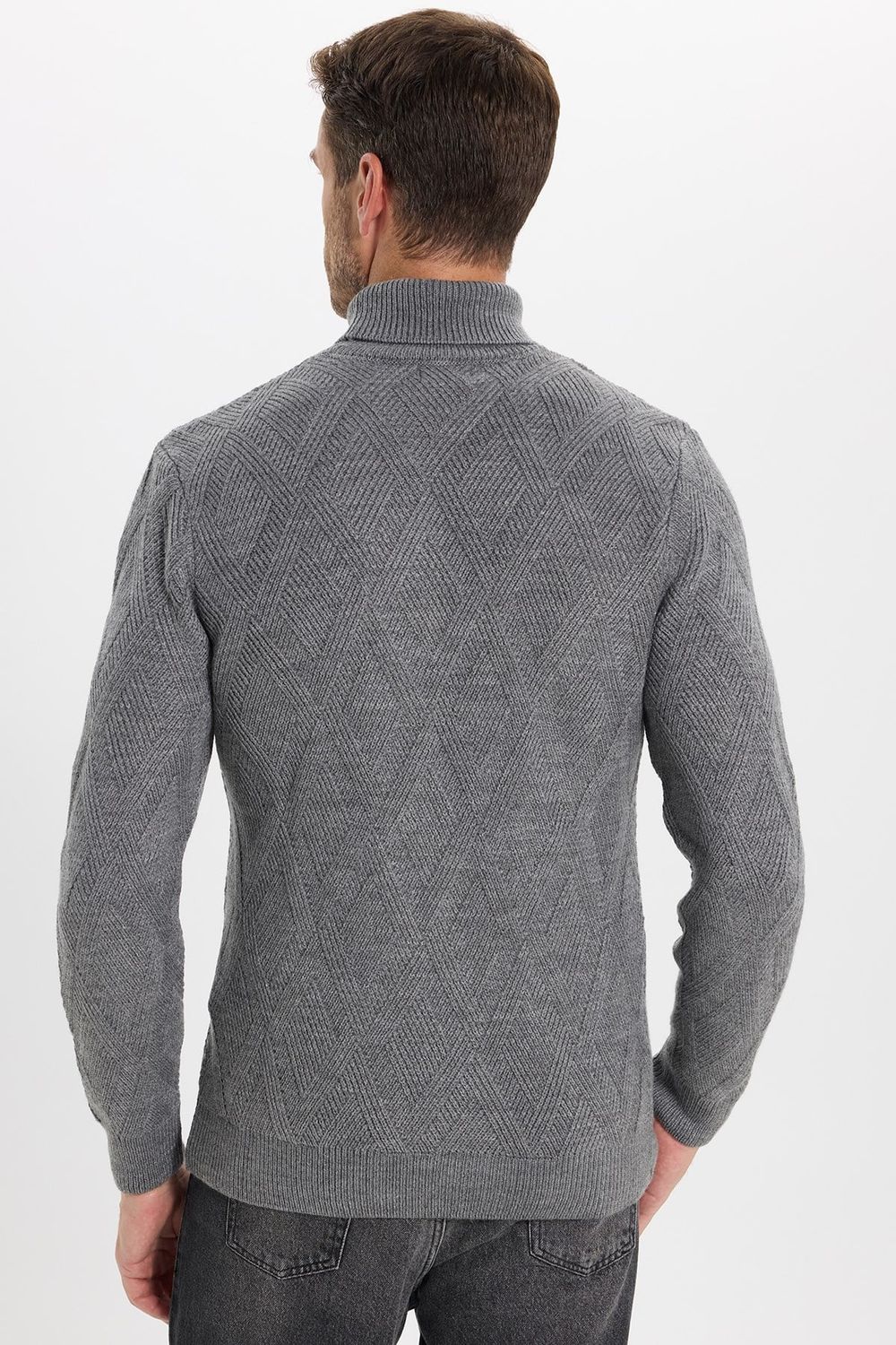 Slim Fit Dar Kesim Tam Balıkçı Yaka Desenli Gri Erkek Triko Kazak