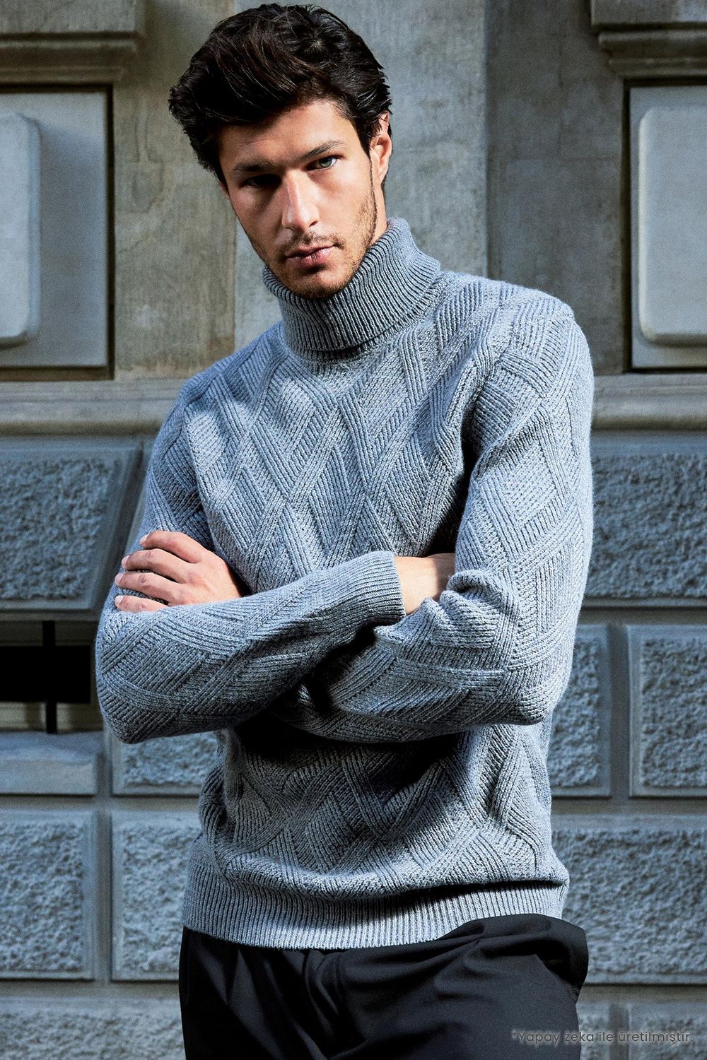 Slim Fit Dar Kesim Tam Balıkçı Yaka Desenli Gri Erkek Triko Kazak