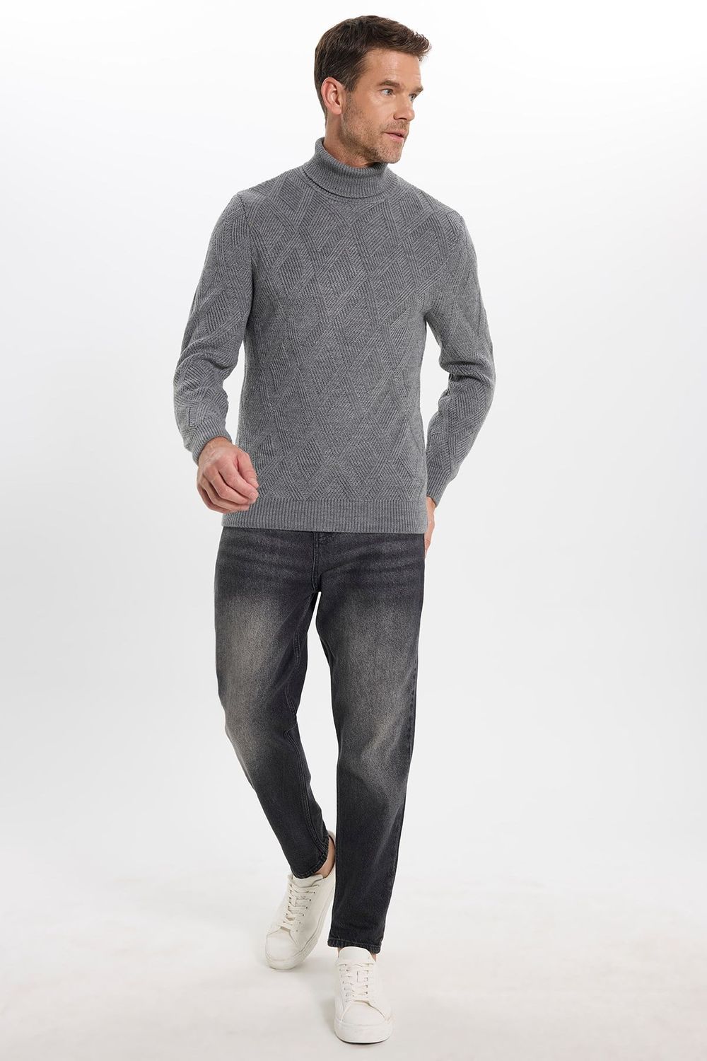 Slim Fit Dar Kesim Tam Balıkçı Yaka Desenli Gri Erkek Triko Kazak