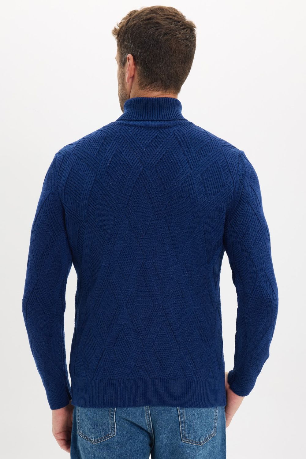 Slim Fit Dar Kesim Tam Balıkçı Yaka Desenli Sax Mavi Erkek Triko Kazak