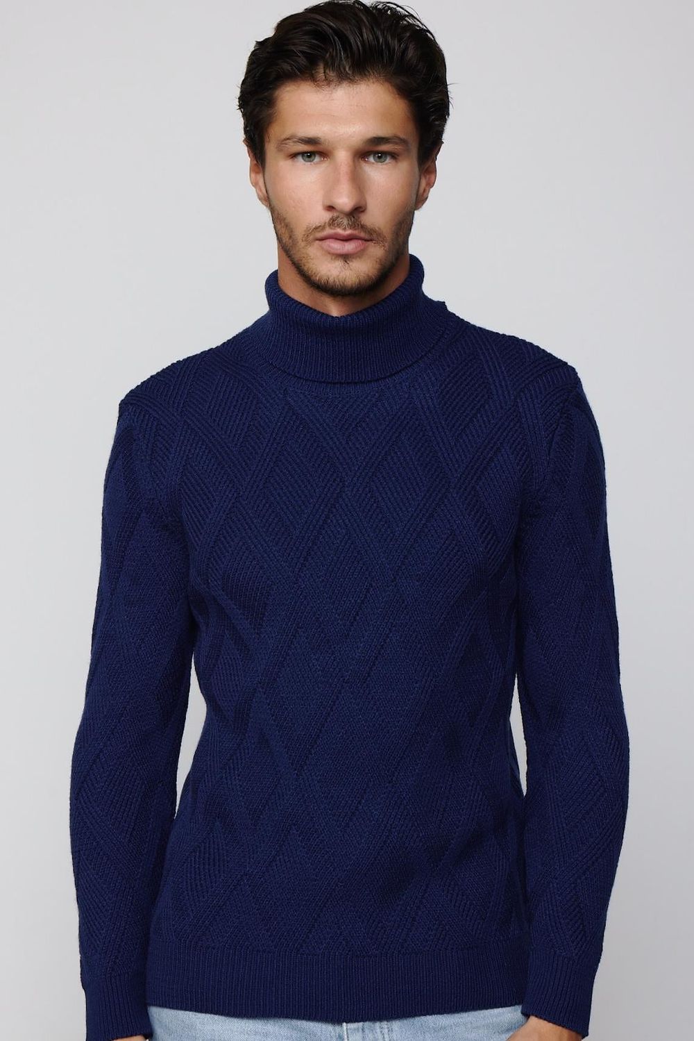 Slim Fit Dar Kesim Tam Balıkçı Yaka Desenli Sax Mavi Erkek Triko Kazak