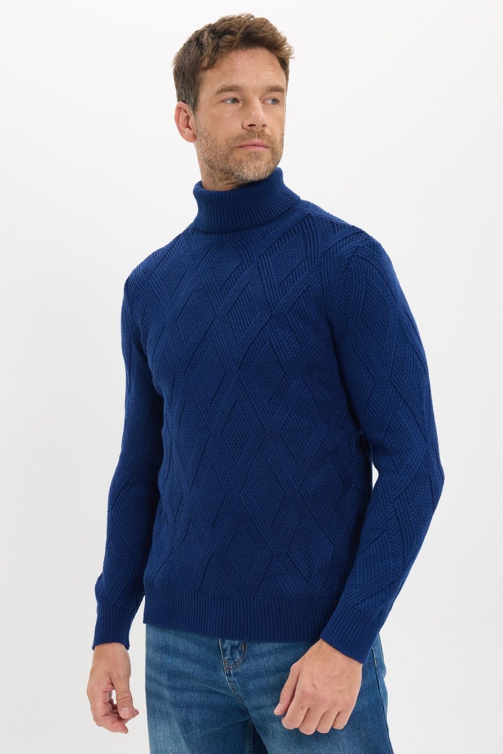 Slim Fit Dar Kesim Tam Balıkçı Yaka Desenli Sax Mavi Erkek Triko Kazak