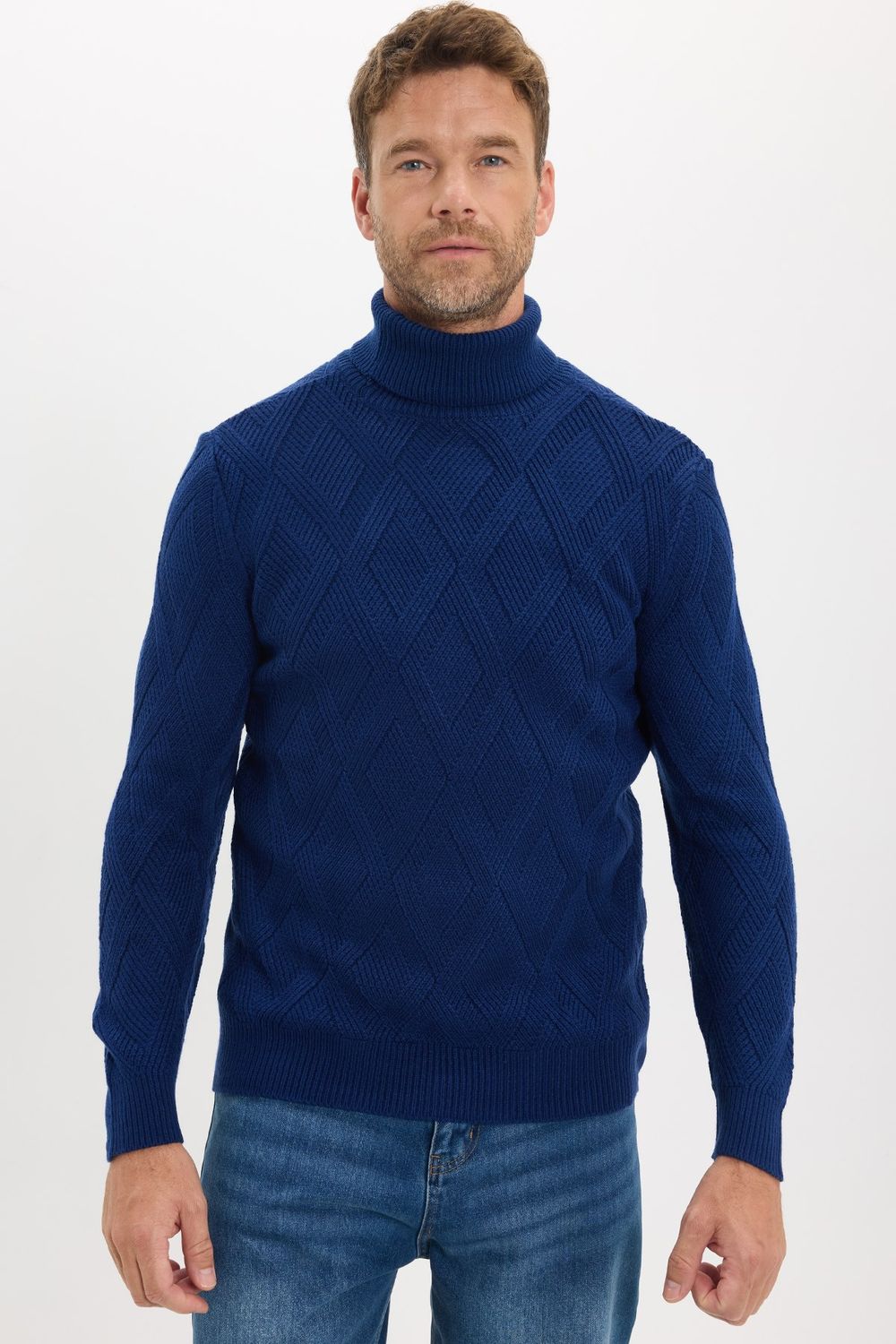 Slim Fit Dar Kesim Tam Balıkçı Yaka Desenli Sax Mavi Erkek Triko Kazak